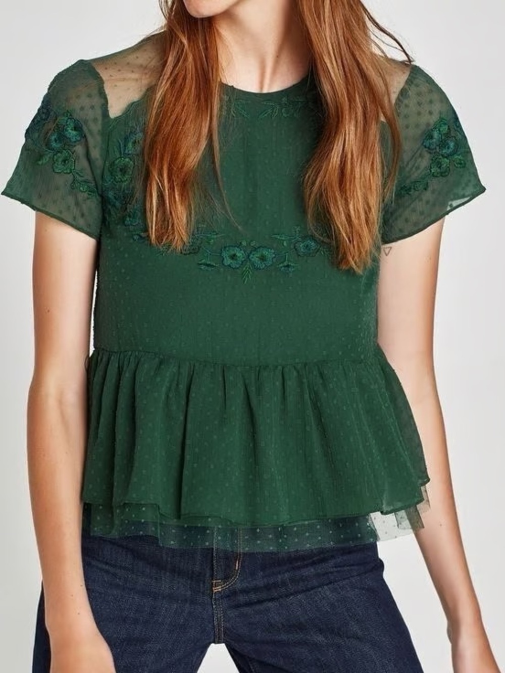 Zara Trafaluc Collection Womn M Green Floral Embroidered Swiss Dot Peplum Blouse